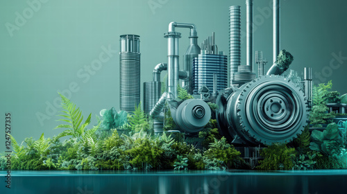 conceptual engine design emphasizing sustainability, featuring industrial elements intertwined with lush greenery, symbolizing harmony between technology and nature