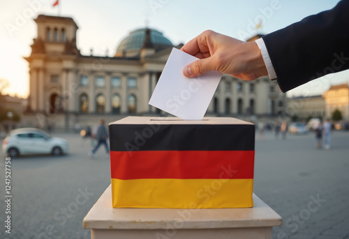 Hand casting a vote into a ballot box with the German flag in front of a historic government building in Berlin
