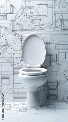 white porcelian toilet, blueprint diagram  photo