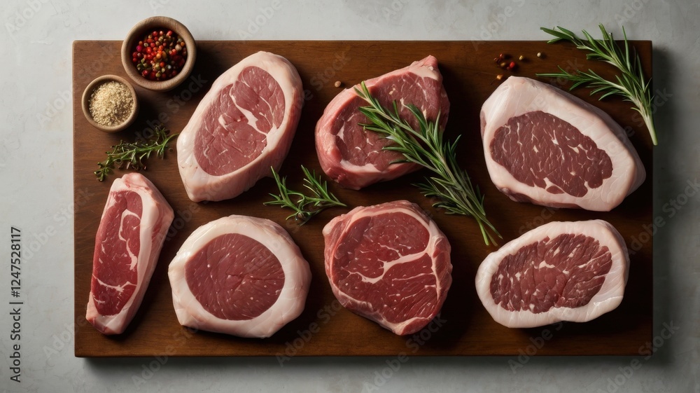 Premium Cuts: A Luxurious Flat-Lay of Classic and Alternative Raw Meat Steaks on a Clean White Background Premium Cuts: A Luxurious Flat-Lay of Classic and Alternative Raw Meat Steaks on a Clean White Background