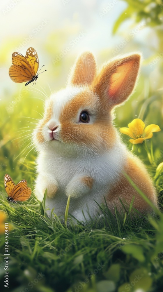 Fototapeta premium adorable baby bunny in spring meadow with butterflies