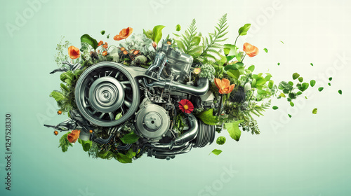hybrid engine surrounded by vibrant flowers and lush greenery, symbolizing fusion of technology and nature. This evokes sense of harmony and innovation