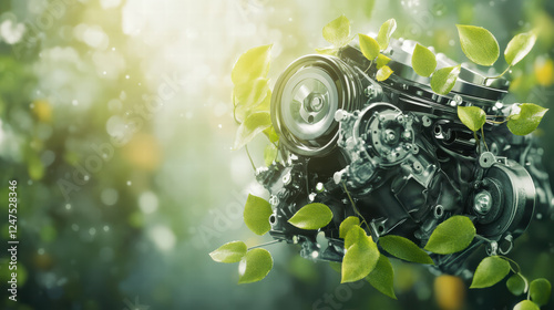 hybrid engine surrounded by green leaves, symbolizing nature and technology. image conveys harmonious blend of mechanical and organic elements, evoking sense of innovation and sustainability