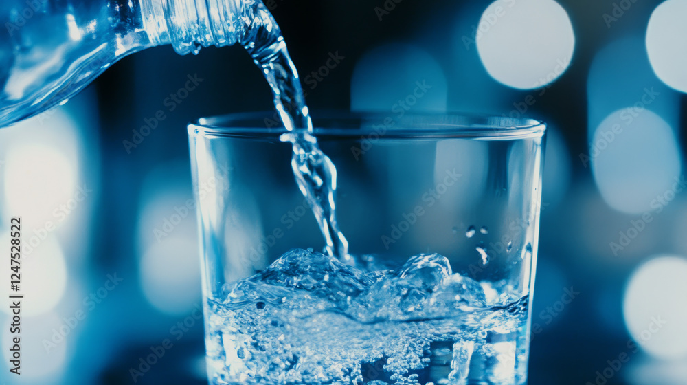 Crystal Clear Water Pouring into Glass with Splashing Drops and Bubbling Motion on Blue Background, Representing Freshness, Purity, and Hydration Crystal Clear Water Pouring into Glass with Splashing Drops and Bubbling Motion on Blue Background, Representing Freshness, Purity, and Hydration