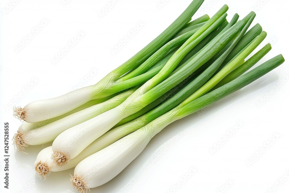 Fototapeta premium Bunch of green onions are displayed on a white background