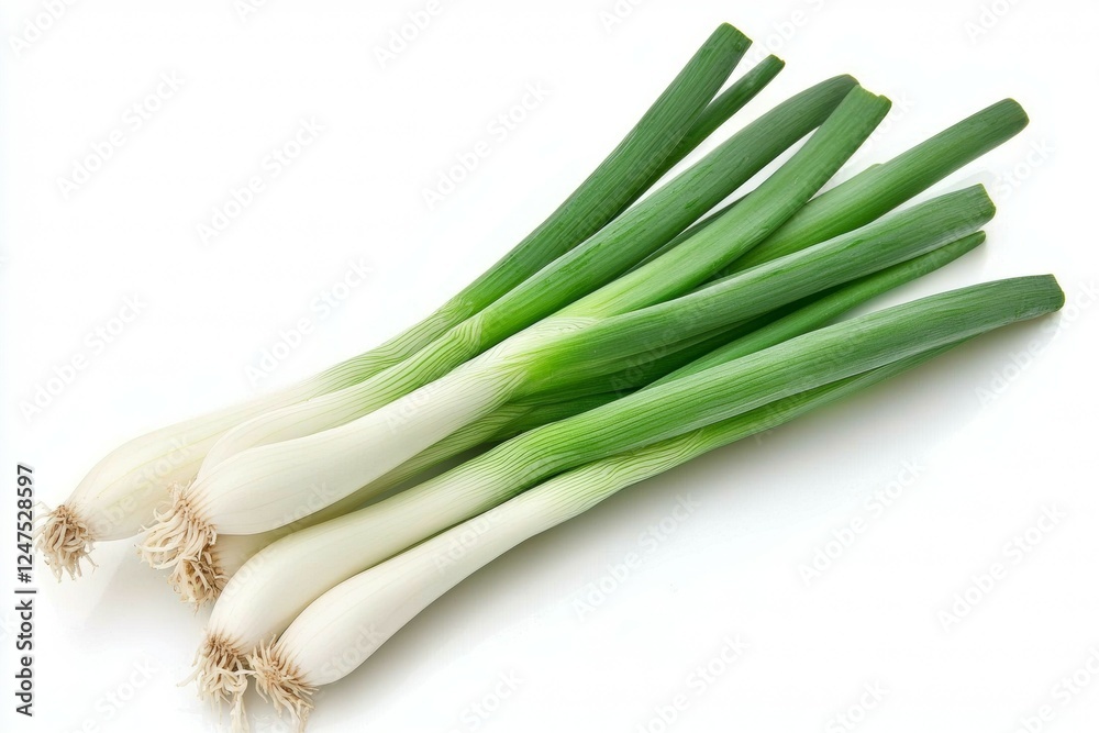 Bunch of green onions are displayed on a white background