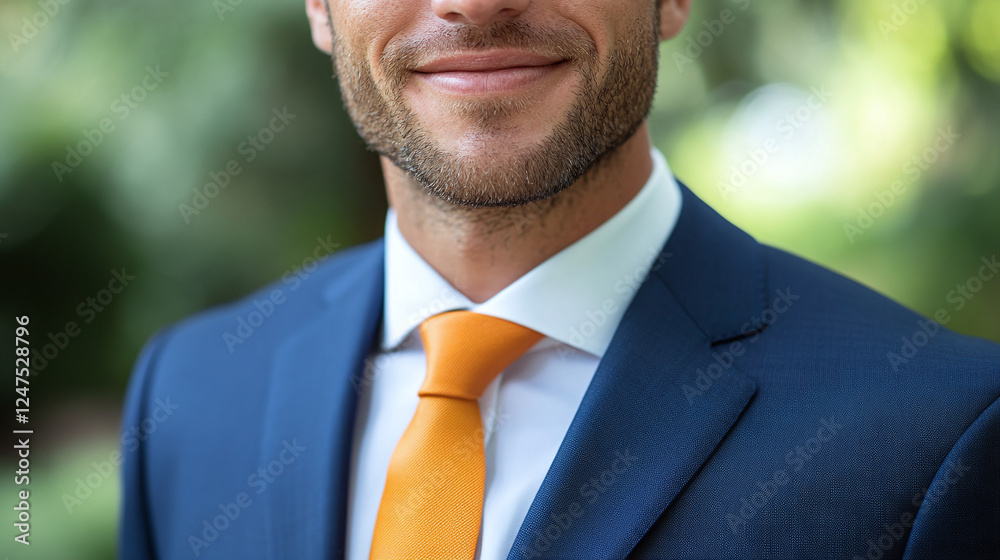 Close up photography of a smiling businessman, wearing an elegant indigo blue suit with white shirt and orange tie. bokeh background, successful entrepreneur, satisfied businessperson. Close up photography of a smiling businessman, wearing an elegant indigo blue suit with white shirt and orange tie. bokeh background, successful entrepreneur, satisfied businessperson.
