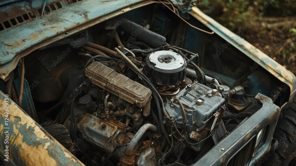Rugged engine in off road vehicle, showcasing detailed mechanics and weathered textures. image captures essence of adventure and durability in automotive design Rugged engine in off road vehicle, showcasing detailed mechanics and weathered textures. image captures essence of adventure and durability in automotive design