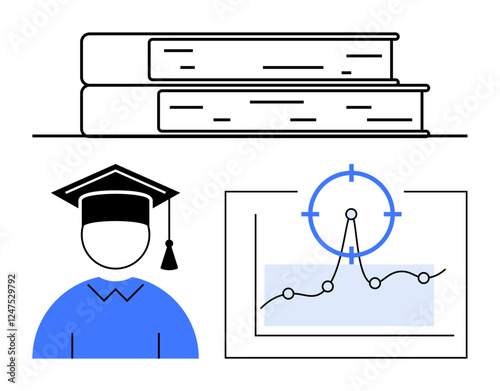 Stacked books, graduate cap, and chart with target highlight learning, achievements, and strategic planning. Ideal for education, growth, knowledge, research success goals professional development