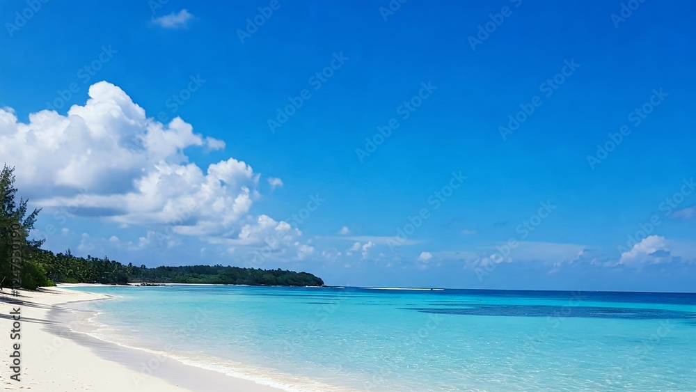 Tropical beach with soft white sand, clear turquoise water, and a bright blue sky scattered with fluffy clouds. Tropical beach with soft white sand, clear turquoise water, and a bright blue sky scattered with fluffy clouds.