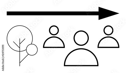 Large arrow above abstract figures and tree symbol illustrating leadership, community alignment, and environmental focus. Ideal for teamwork, sustainability, growth, progress, leadership, strategy