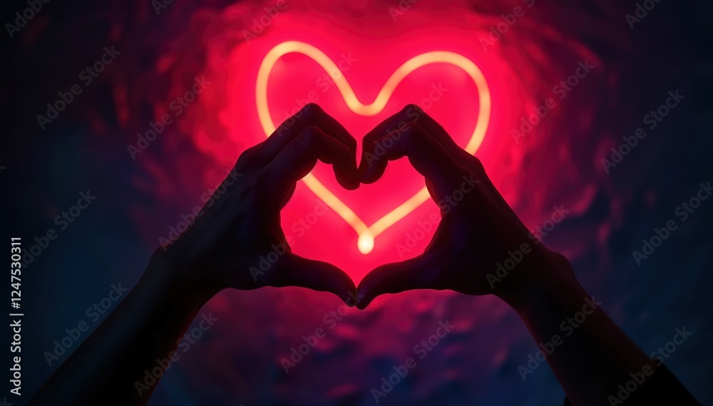 Fototapeta premium Heart made of two hands is lit up in red. Concept of love and affection. Copy space