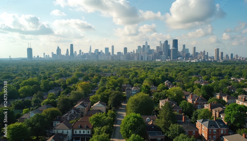 Obraz premium Chicago neighborhood with green trees, houses. Rich green area surrounded by buildings. Skyscrapers in horizon. View from drone. Calm atmosphere. Sunny day. Urban landscape. Residential area. Spring