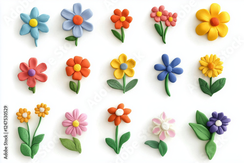 Set of cute flowers made from Plasticine modeling clay isolated on white background