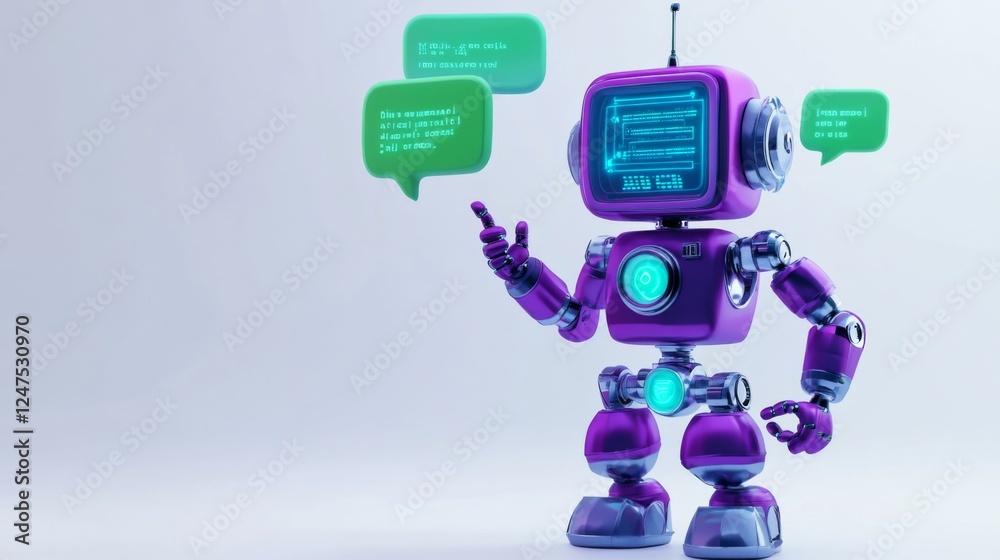 A purple and blue robot holding an AI coding icon, with green chat bubbles, a message bubble with code, and a computer screen A purple and blue robot holding an AI coding icon, with green chat bubbles, a message bubble with code, and a computer screen