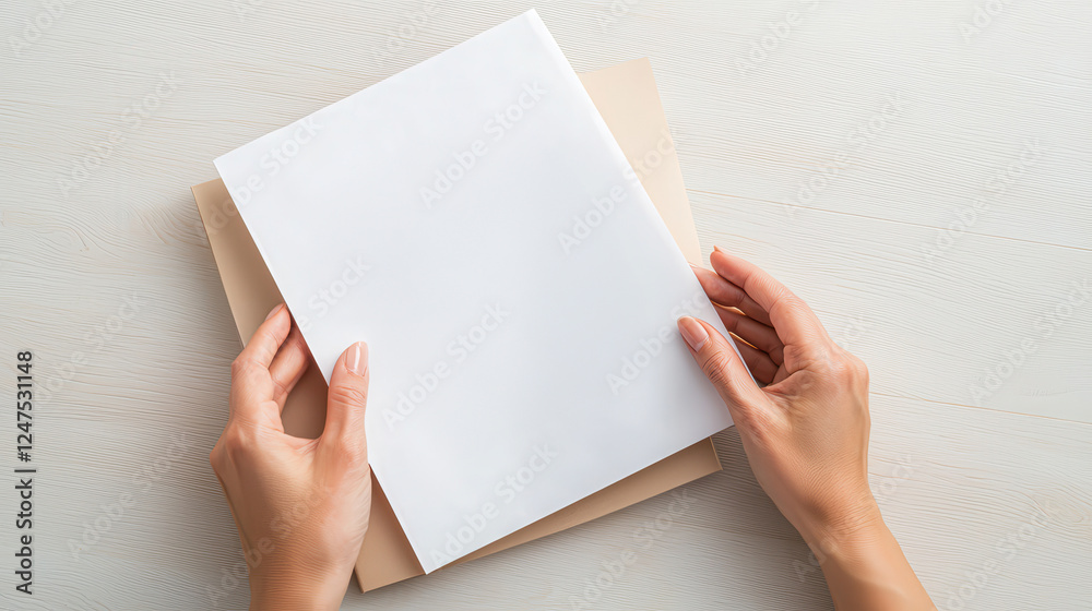 Obraz premium Internal supply chain concept. Hands Placing Blank White Sheet on Beige Background with Overhead View in Bright Environment