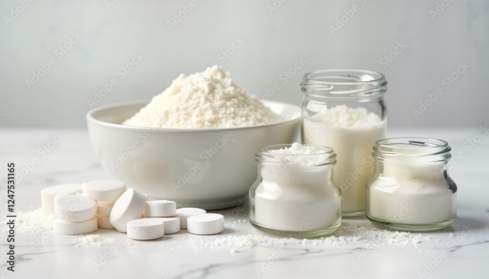 White powdered ingredients displayed on white marble surface. Flour, sugar, sweetener tablets arranged in various small glass containers. Studio shot captures minimal food photography composition. White powdered ingredients displayed on white marble surface. Flour, sugar, sweetener tablets arranged in various small glass containers. Studio shot captures minimal food photography composition.