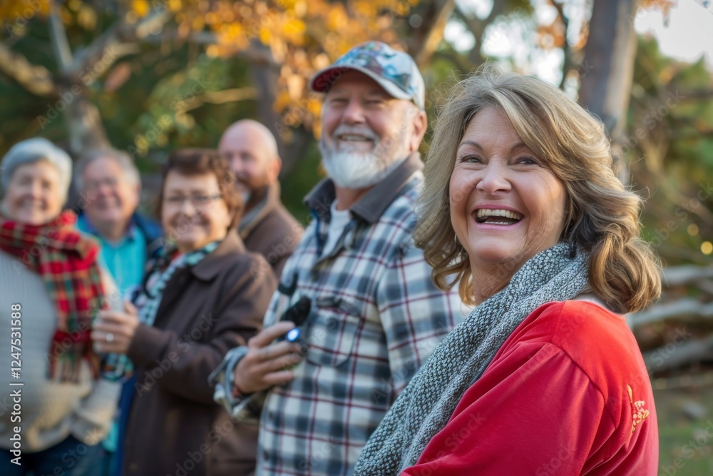 Portrait of senior woman with group of friends in the background. Portrait of senior woman with group of friends in the background.
