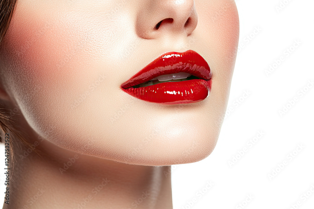 Obraz premium Close-up of Glossy Red Lips and White Teeth