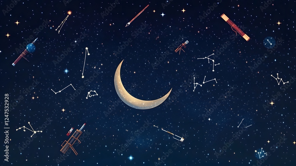 Naklejka premium Spectacular Starry Night Sky with Crescent Moon and Shooting Stars