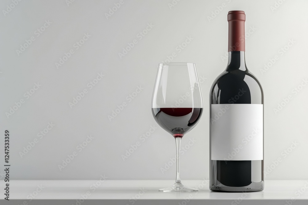 Bottle of wine and a wine glass are on a table Bottle of wine and a wine glass are on a table