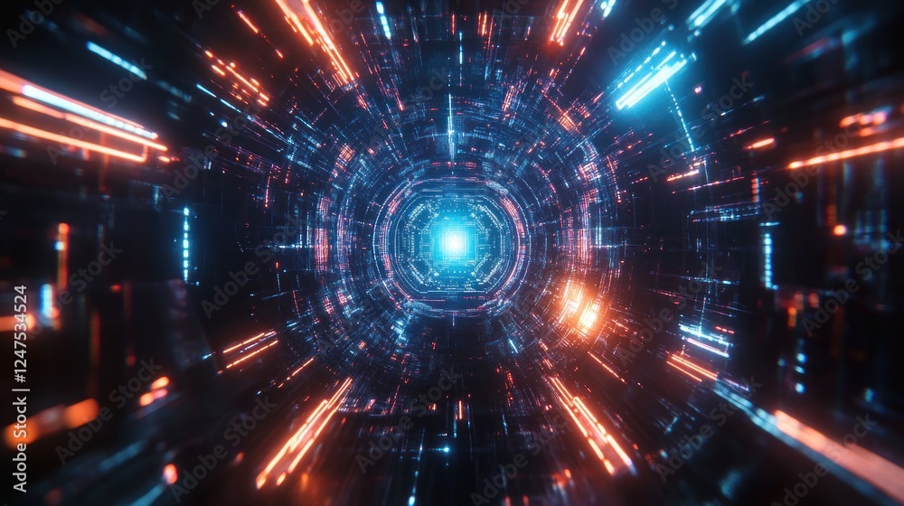 A futuristic tunnel of glowing lights, representing digital data flow and technology.