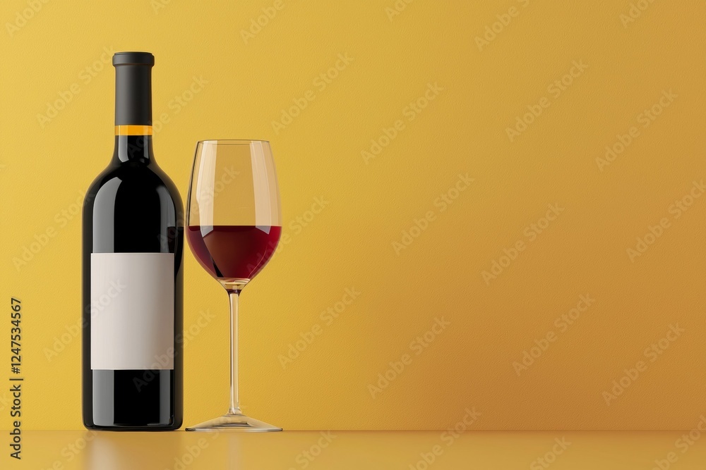 Bottle of wine and a wine glass are on a yellow background Bottle of wine and a wine glass are on a yellow background