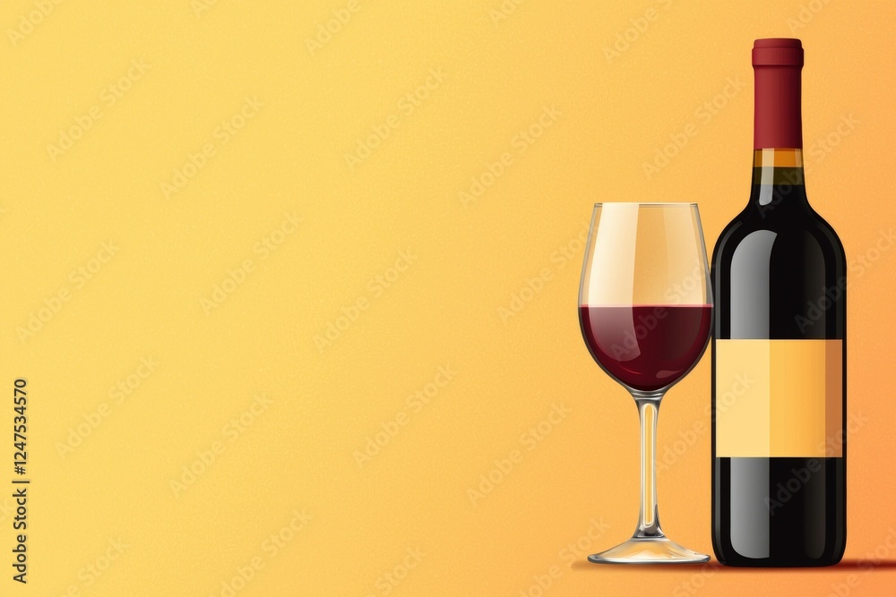 Bottle of red wine and a wine glass are on a yellow background Bottle of red wine and a wine glass are on a yellow background
