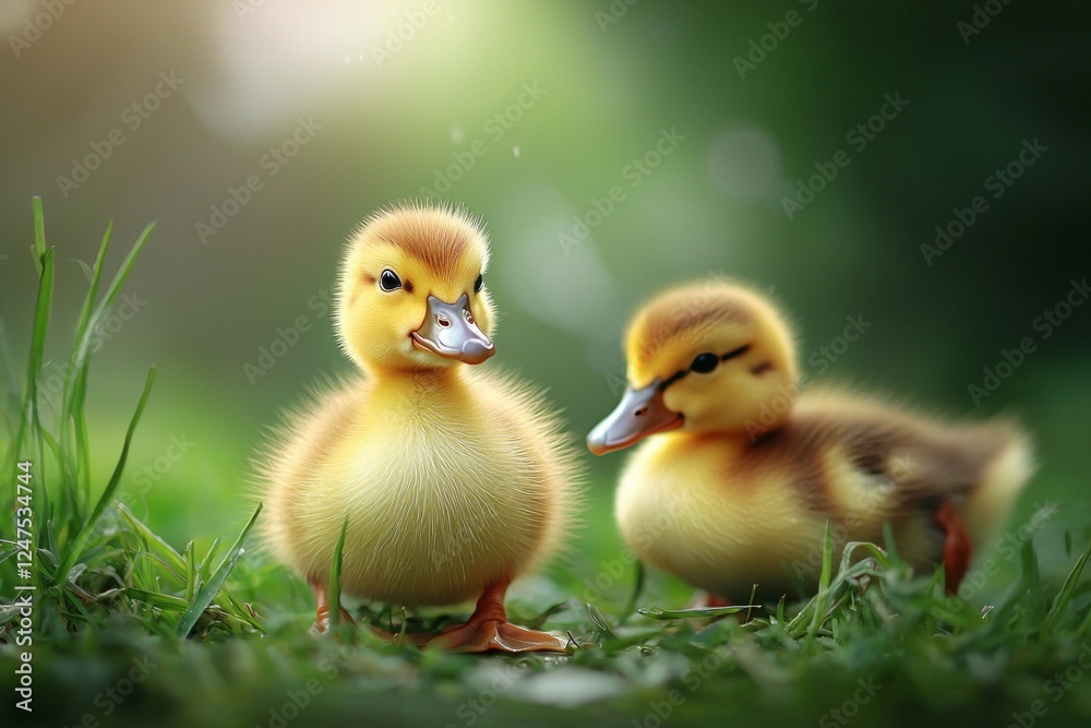 Two baby ducks are standing in a grassy field Two baby ducks are standing in a grassy field