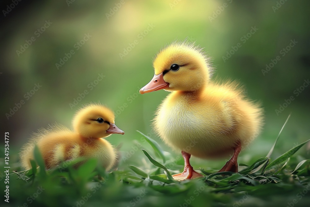 Two baby ducks are standing on grass Two baby ducks are standing on grass