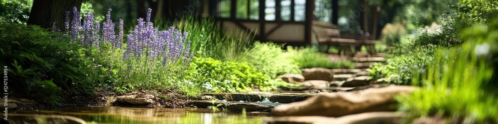 Obraz premium Purple Flowers Garden Stream Scene