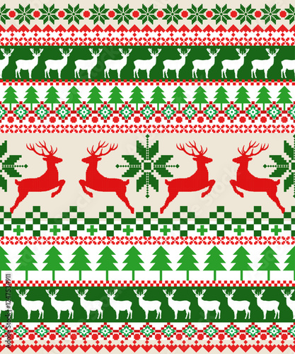New Year's Christmas pattern pixel, card - scandynavian Norwegian sweater style.Traditional pixel ethnic pattern. Knitted Christmas Sweater Pattern Design or Cross Stitch Embroidery. Vector seamless