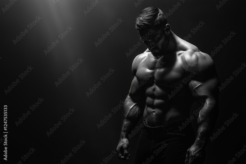 Fototapeta premium Muscular bodybuilder posing in dramatic lighting