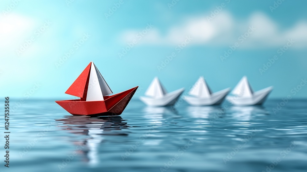 Red origami boat leads white boats on calm sea, leadership concept, stock photo Red origami boat leads white boats on calm sea, leadership concept, stock photo