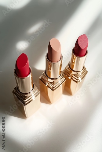 luxury lipsticks in shades of red and nude arranged on white with golden packaging