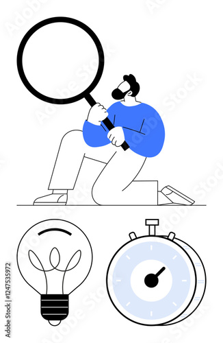 Man kneeling with large magnifying glass focusing on research or detail. Lightbulb symbolizes ideas, stopwatch signifies time. Ideal for creativity, productivity, innovation, efficiency