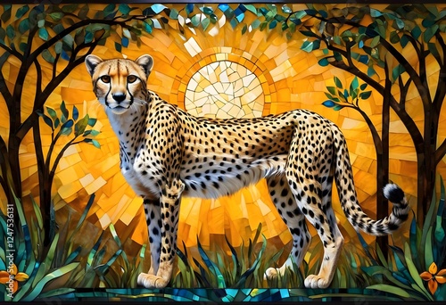 Mosaic Art Cheetah Sunrise Safari Scene Wildlife Artwork. Generative AI photo