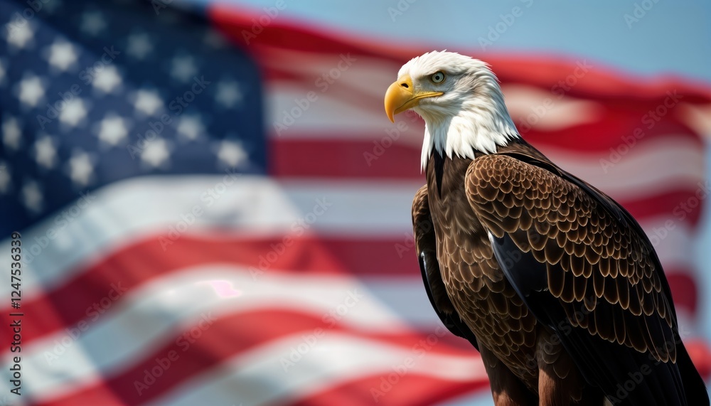 Naklejka premium Bald eagle portrait against waving US flag. Powerful symbol of American freedom, national pride. Majestic bird of prey. National symbol. Patriotic image. Beautiful eagle. Proud bird. American icon.