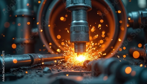 Metal device ignites combustion generating fiery sparks. Machinery component sparks intensely. Engine parts show dynamic power. Innovation in machine building process apparent. Futuristic technology