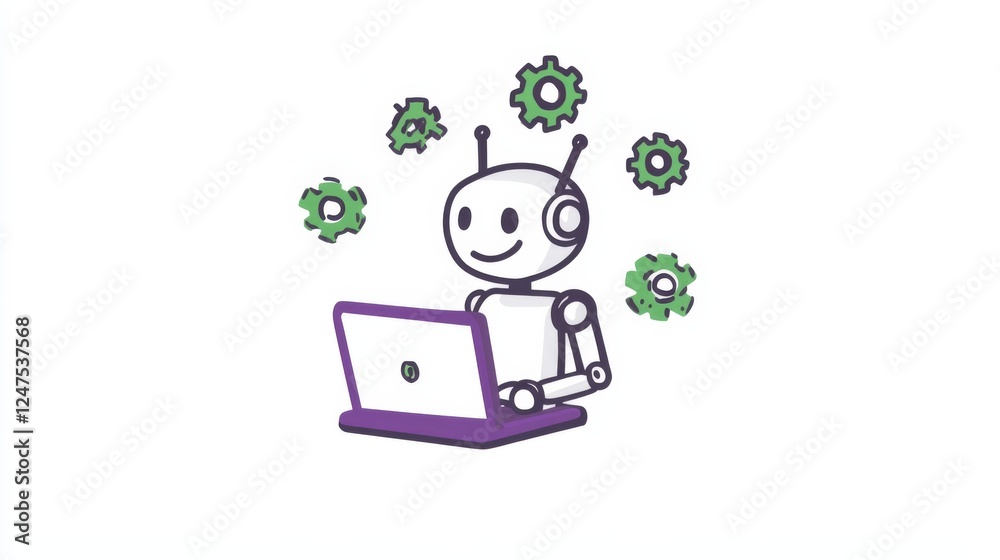 AI chatbot using a laptop with green gears and lights, purple color scheme, and black outlines on white background. AI chatbot using a laptop with green gears and lights, purple color scheme, and black outlines on white background.