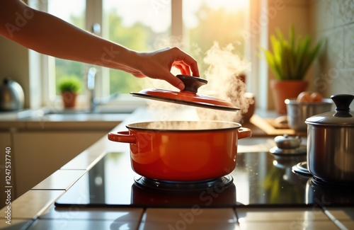 Female hand opens lid of orange enamel steel pot on electric stove. Boiling water soup creates steam backlit by warm sunlight. Kitchenware tools, home background. Cooking scene. Woman cooking at home photo