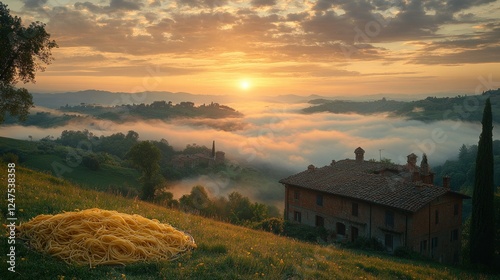 Sunrise over Italian hills with pasta, tranquil landscape photo