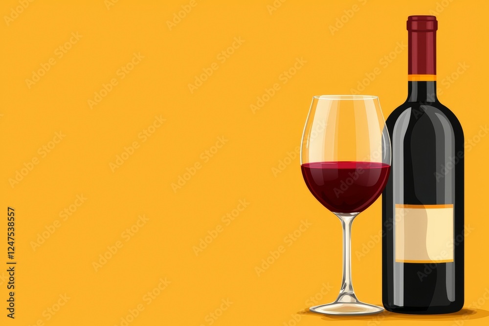 Bottle of wine and a wine glass are on a yellow background Bottle of wine and a wine glass are on a yellow background