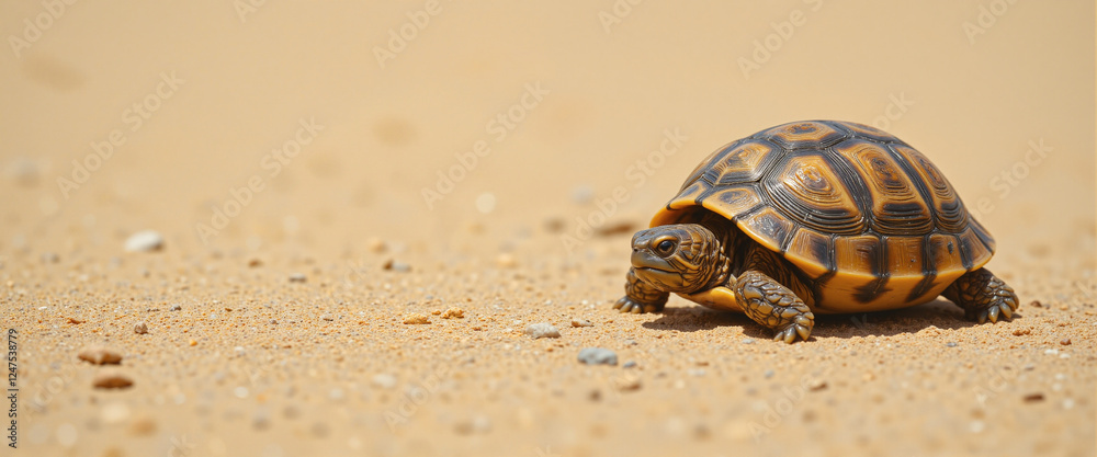 Obraz premium Tortoise slowly crawling on sandy ground under bright sunlight conveying a sense of calmness and exploration