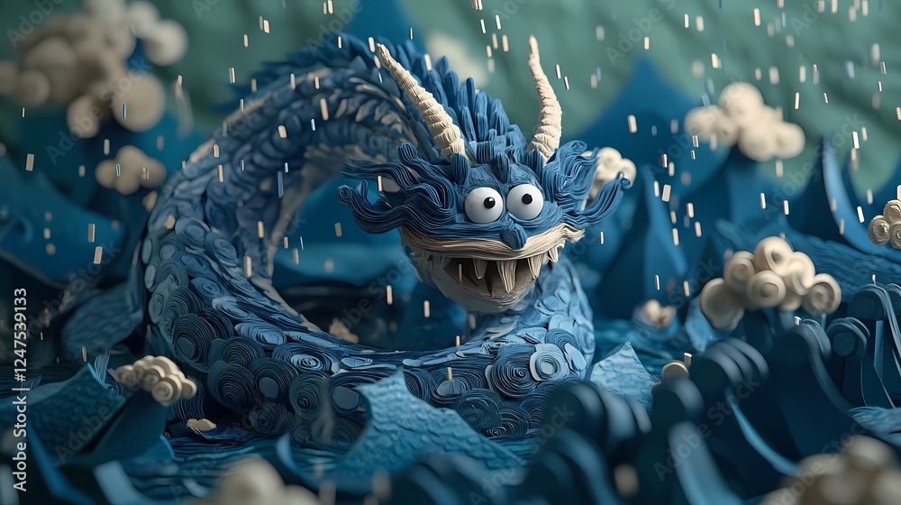 Obraz premium Blue Serpent: Paper Kraft Art Concept