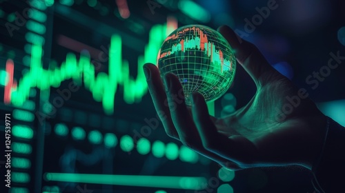 Investor's hand holding a crystal ball reflecting a bullish stock market chart, neon green glow, minimalist dark setting photo