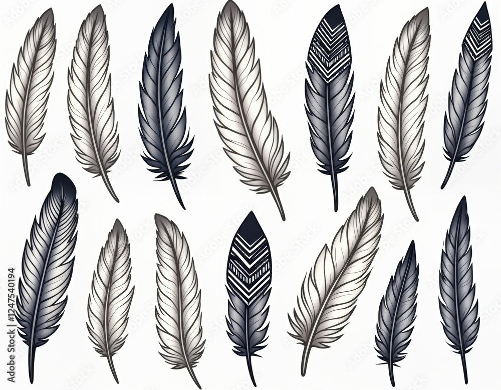 Set of decorative feathers in various shades of gray, black. Modern design features smooth feather outline. Ethnic boho style. Geometric patterns adorn feather shafts. Suitable for various design Set of decorative feathers in various shades of gray, black. Modern design features smooth feather outline. Ethnic boho style. Geometric patterns adorn feather shafts. Suitable for various design