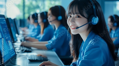 Several employees are engaged in customer service tasks at their computers. A young woman in blue attire is smiling, showcasing a positive work environment.