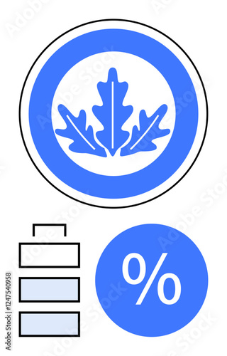 Blue leaf badge, partially filled battery icon, and percentage sign in a circle. Ideal for eco-friendly concepts, efficiency, environmental awareness, energy saving, progress tracking, performance