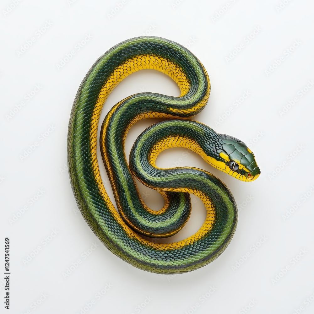 Fototapeta premium Highly detailed close-up of a hanging brown spotted green pitviper, isolated on a white background